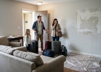 Família deixa apartamento fechado durante viagem de três meses e, ao voltar, encontra móveis afastados, marcas de obra e consumo de água registrado em dias em que ninguém deveria ter entrado; condomínio afirma que prestadores acessaram a unidade por causa de um vazamento