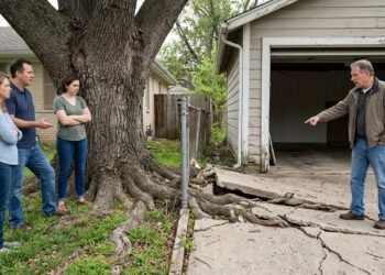 Família descobre que a árvore plantada pelo avô há mais de 30 anos está levantando o piso da garagem vizinha; o proprietário prejudicado exige o corte, mas os moradores querem preservar a árvore