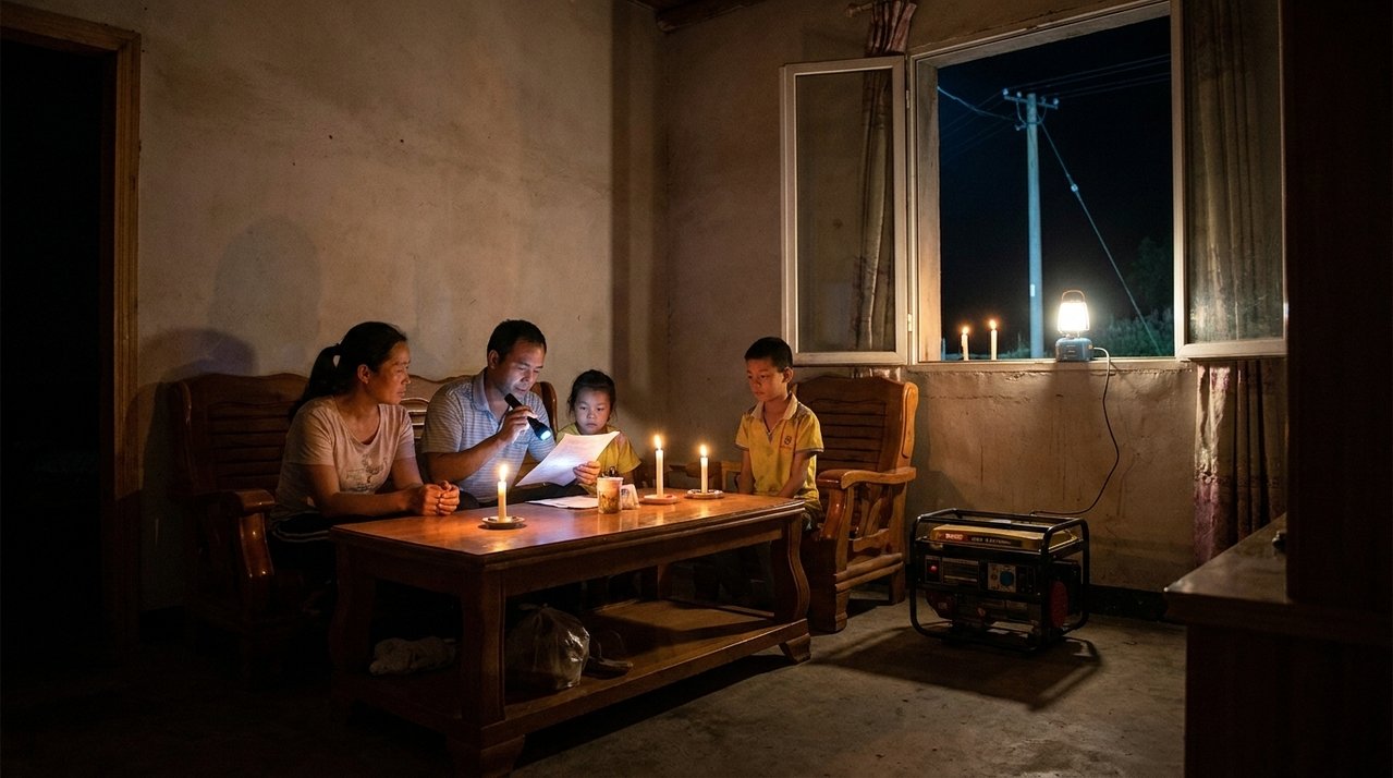Família utiliza velas e um pequeno gerador para iluminar a casa durante a noite e descobre que sua propriedade aparece como atendida por um programa de eletrificação rural; registros indicam a instalação de postes e ligações que os moradores afirmam nunca ter recebido