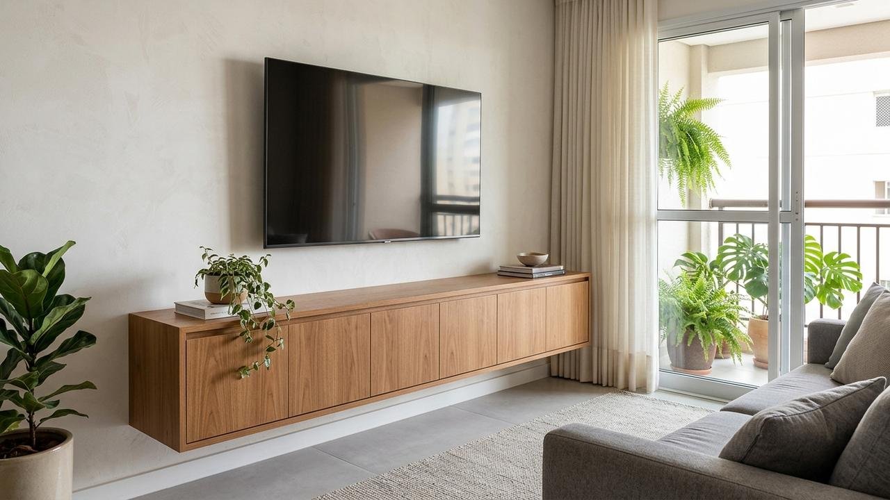 A tendência de decoração para 2026 aposta em móveis suspensos para esconder fios e deixar a sala com visual mais leve