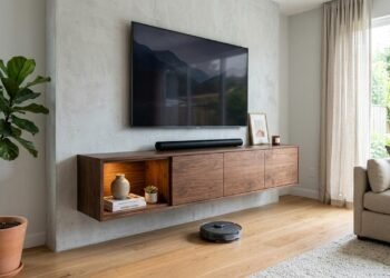 Adeus ao rack grande: o móvel flutuante que deixa a sala mais leve e ainda esconde os fios da TV