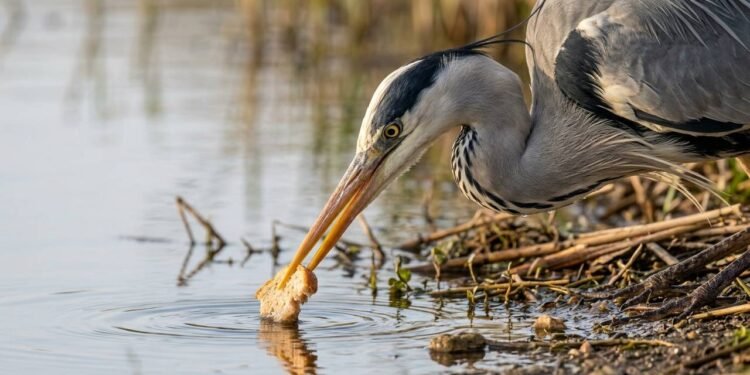 A inteligência tática da garça-real que surpreendeu os biólogos ao usar pedaços de pão e insetos como isca viva para pescar peixes