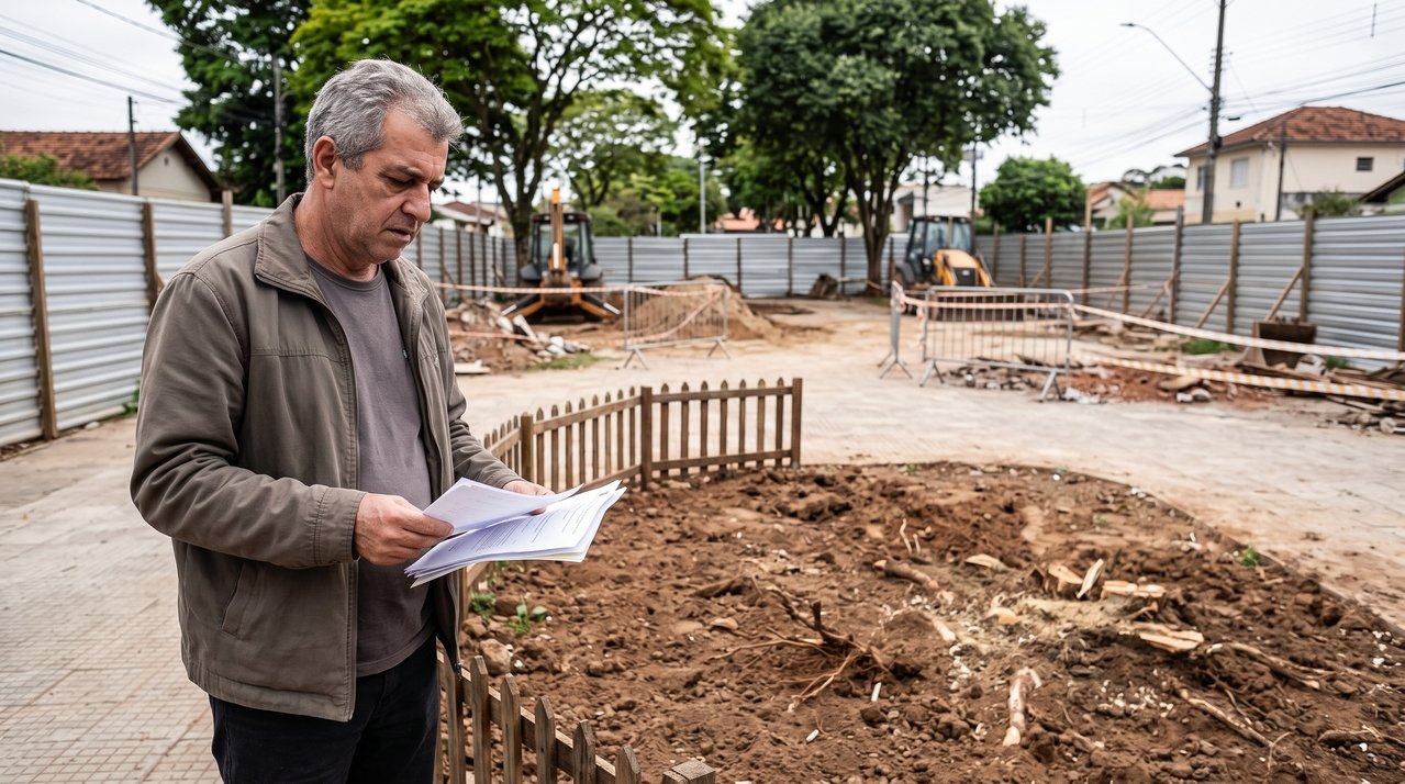 Homem descobre que uma árvore plantada em homenagem ao filho foi retirada de uma praça pública durante obras de revitalização; ao procurar a prefeitura, encontra registros contraditórios sobre a autorização do corte