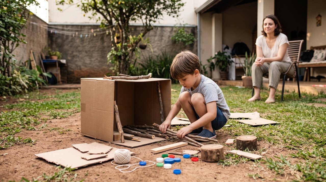 A infância de quem construía carrinhos com caixas, inventava cidades na terra e transformava lençóis em cabanas mostra como objetos simples podiam abrir espaço para a imaginação e o pensamento criativo