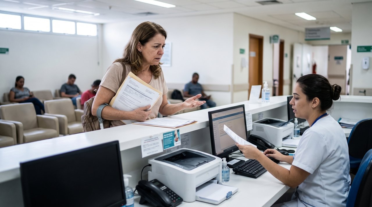 Mulher chega ao hospital para realizar cirurgia marcada há seis meses e descobre que o sistema registra um procedimento idêntico como já realizado em seu nome; a operadora do plano de saúde bloqueia a nova autorização até esclarecer a divergência