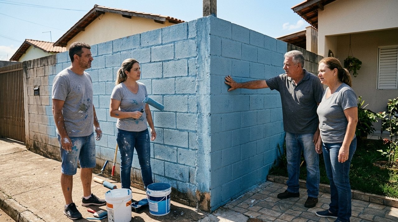 Família pinta lado externo do muro que divide os terrenos sem consultar vizinho, e discussão começa quando nova cor cobre revestimento escolhido e pago pelo outro proprietário