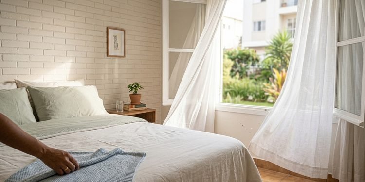 De que maneira a renovação do ar pode ajudar a controlar a umidade? A respiração, a transpiração e a secagem de roupas dentro de casa contribuem para a presença de umidade no ambiente. Quando o quarto fica fechado e apresenta pouca circulação de ar, essa umidade pode se acumular, principalmente em locais frios ou com pouca exposição à luz. A ventilação pode ajudar a remover parte desse excesso, dependendo das condições externas. Controlar a umidade é importante para evitar condições favoráveis ao aparecimento de mofo. Fungos podem se desenvolver em superfícies úmidas, prejudicando a conservação de paredes, móveis e tecidos. Entretanto, abrir a janela não resolve infiltrações ou vazamentos. Quando há manchas persistentes, cheiro de mofo ou condensação frequente, é necessário investigar a origem do problema e corrigir a causa.