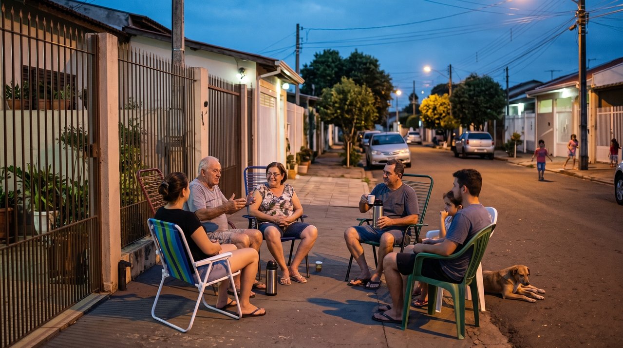 Houve uma época em que os vizinhos colocavam cadeiras na calçada ao anoitecer para conversar, um costume simples que fortalecia os laços comunitários e o sentimento de pertencimento
