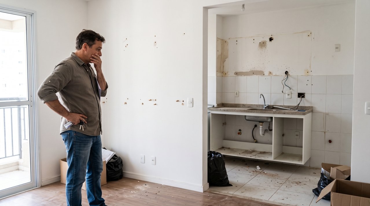 Proprietário aluga apartamento mobiliado por seis meses e, ao receber as chaves de volta, encontra armários retirados, paredes perfuradas e cozinha modificada sem qualquer autorização
