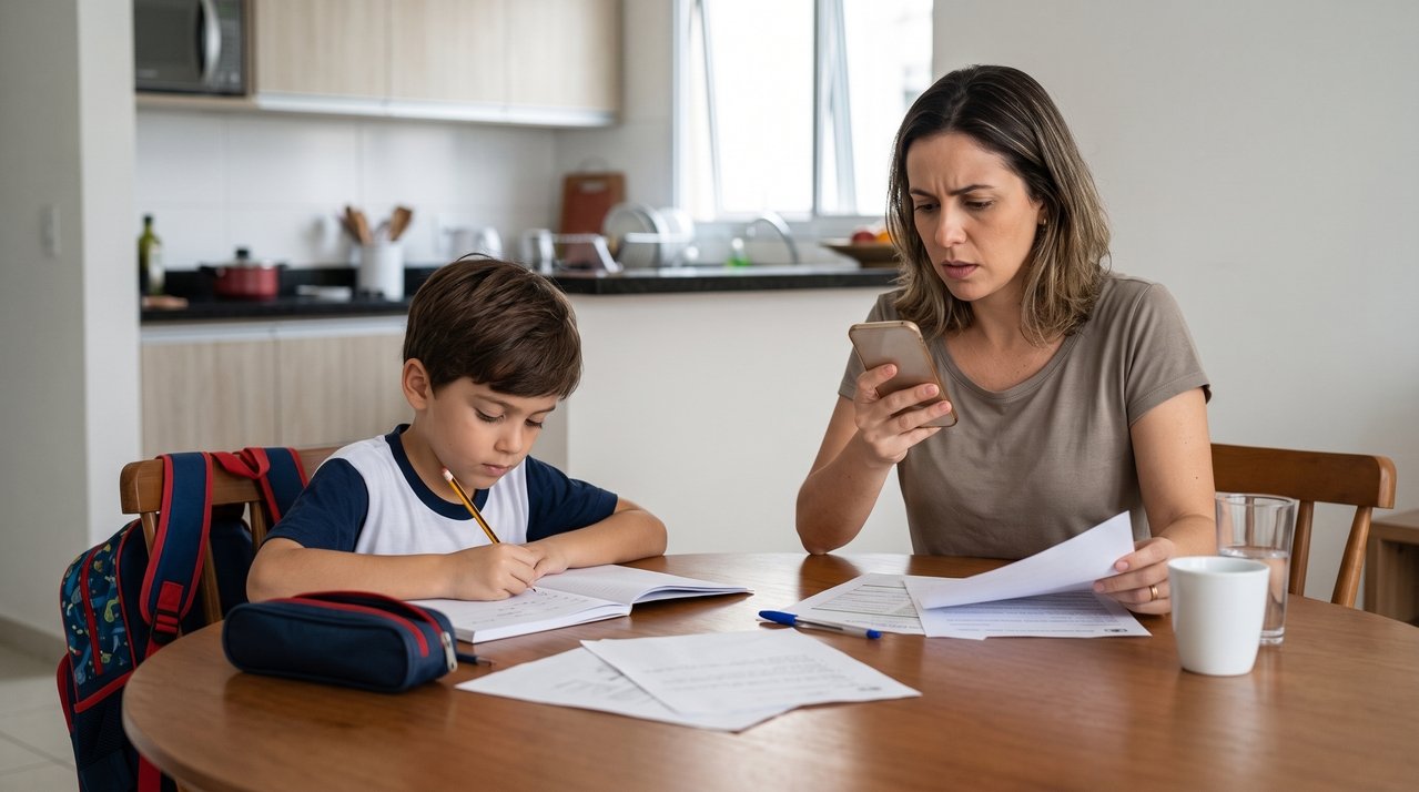 Mãe começa a receber mensagens de empresas mencionando o nome, a idade e os horários escolares do filho de 8 anos e descobre indícios de que os dados foram compartilhados após a matrícula; a escola apresenta uma autorização genérica assinada pelos responsáveis e a família questiona o uso das informações