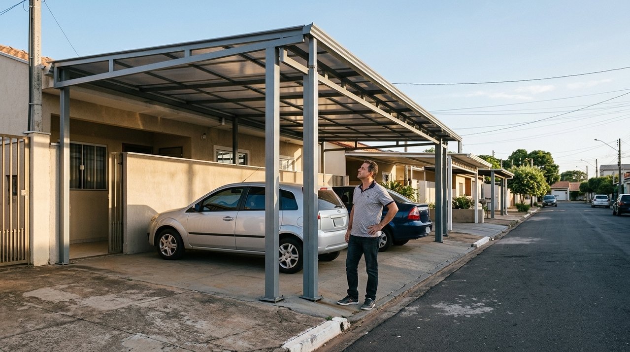 Proprietário constrói cobertura na frente de casa e pilares ficam próximos demais da rua; depois de caminhão atingir a estrutura, vizinhos passam a questionar se garagem poderia ter avançado até aquele ponto