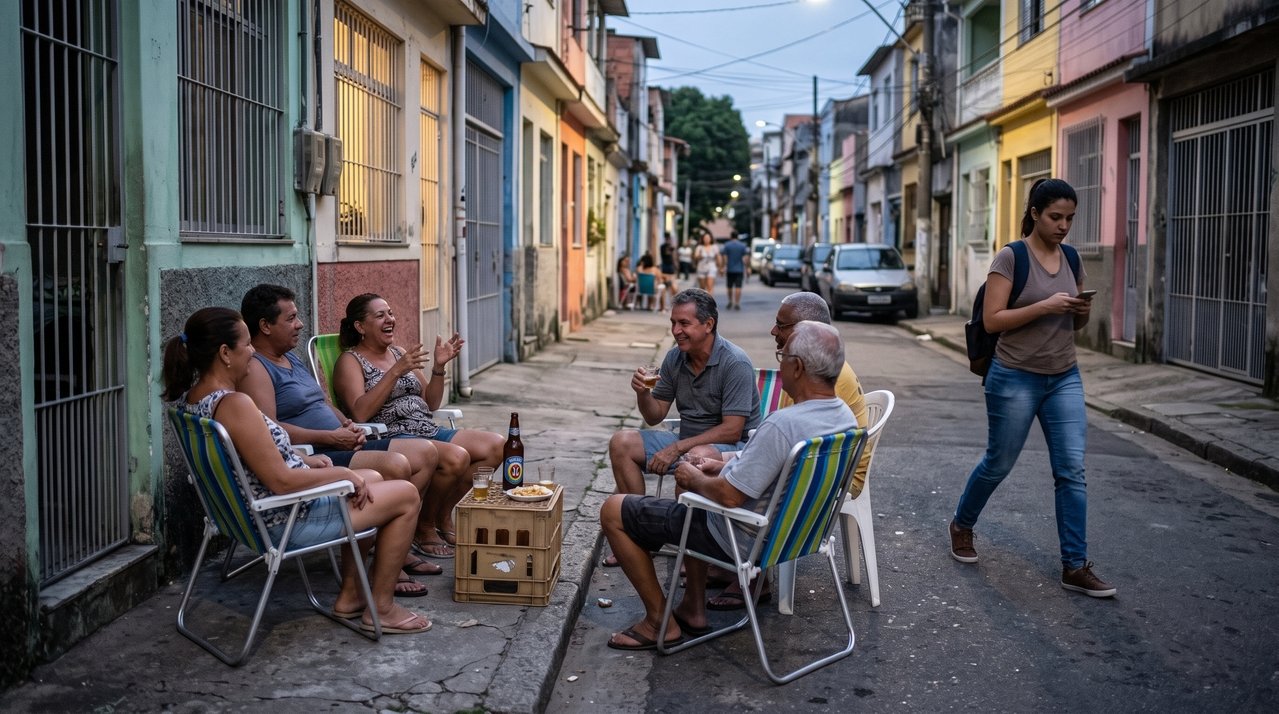Houve uma época em que os vizinhos colocavam cadeiras na calçada ao anoitecer para conversar, um costume simples que fortalecia os laços comunitários e o sentimento de pertencimento