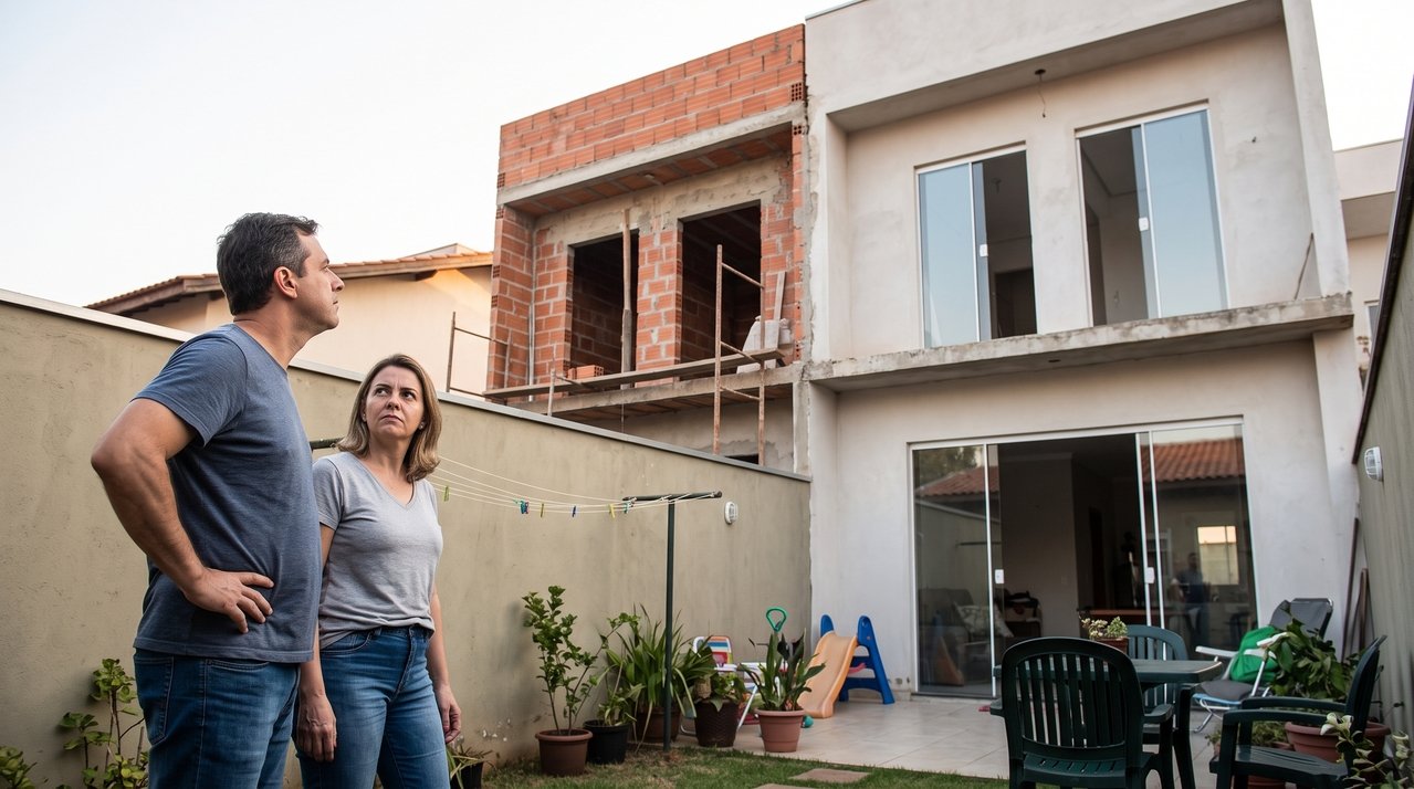 Vizinho constrói um segundo andar com janelas voltadas diretamente para o quintal de uma família e a obra reduz a privacidade da casa; os proprietários procuram saber se podem exigir alterações na construção