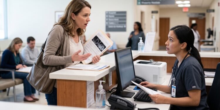 Mulher chega ao hospital para realizar cirurgia marcada há seis meses e descobre que o sistema registra um procedimento idêntico como já realizado em seu nome; a operadora do plano de saúde bloqueia a nova autorização até esclarecer a divergência
