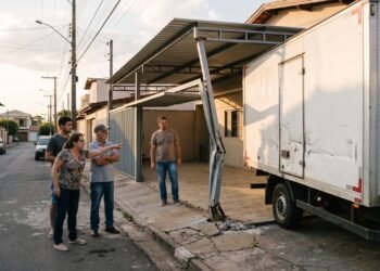 Proprietário constrói cobertura na frente de casa e pilares ficam próximos demais da rua; depois de caminhão atingir a estrutura, vizinhos passam a questionar se garagem poderia ter avançado até aquele ponto