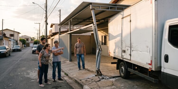 Proprietário constrói cobertura na frente de casa e pilares ficam próximos demais da rua; depois de caminhão atingir a estrutura, vizinhos passam a questionar se garagem poderia ter avançado até aquele ponto
