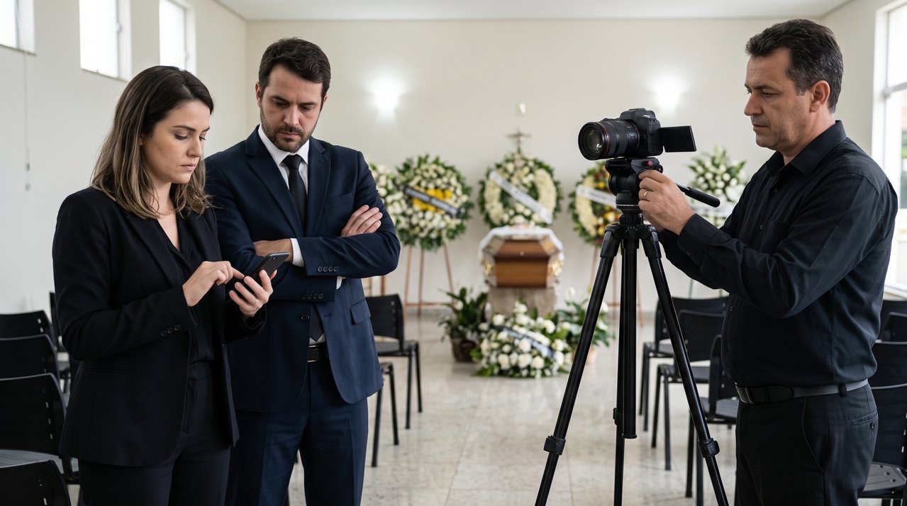 Irmãos contratam transmissão online do velório do pai para familiares que moram no exterior, mas o link é divulgado publicamente por engano; imagens da cerimônia começam a circular nas redes sociais sem autorização