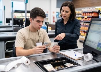 Funcionário de supermercado aceita uma nota falsa de R$ 200 durante o expediente e, no fechamento do caixa, descobre que o valor será descontado de seu salário; a empresa afirma que ele deveria ter identificado a falsificação