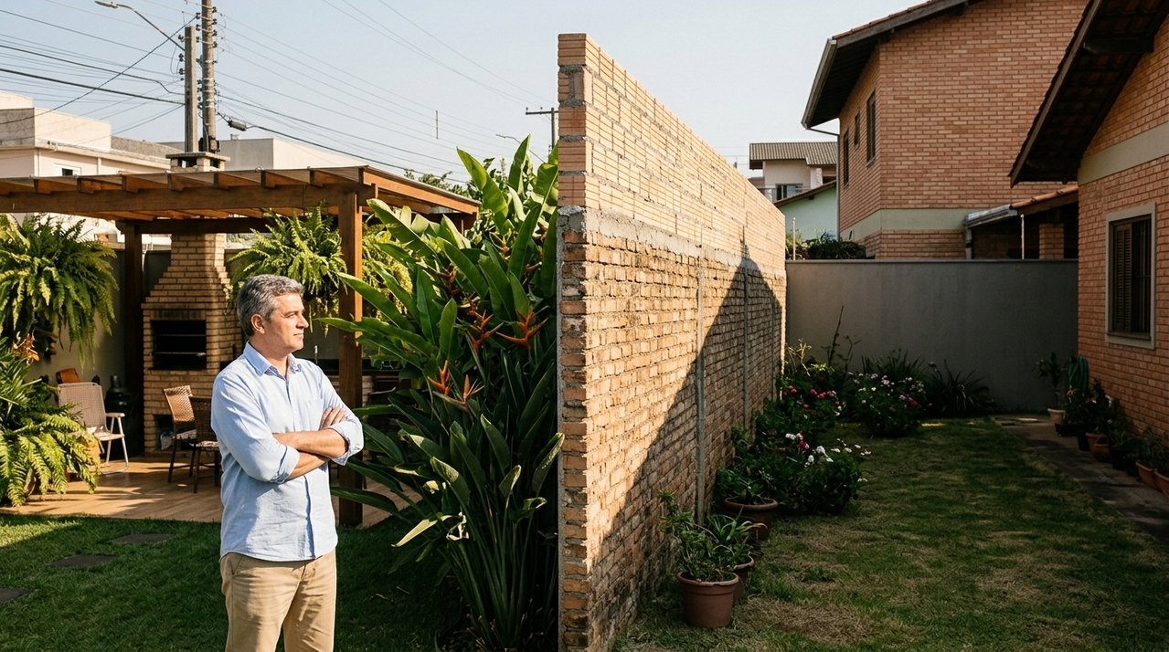 Vizinho aumenta altura do muro entre duas casas para ganhar privacidade e moradora ao lado reclama que quintal perdeu luz solar durante quase toda a manhã