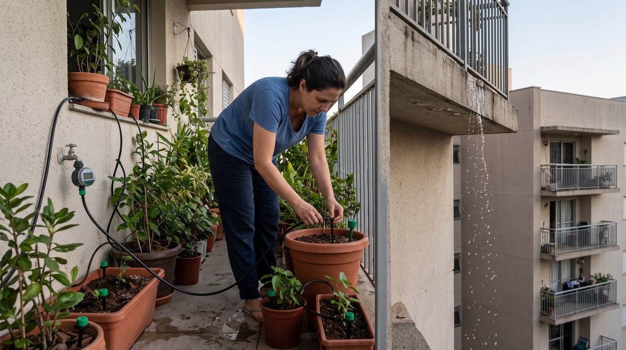 Moradora transforma varanda do apartamento em espaço para plantas e instala sistema automático de irrigação; água começa a escorrer para unidades inferiores sempre às 6h da manhã