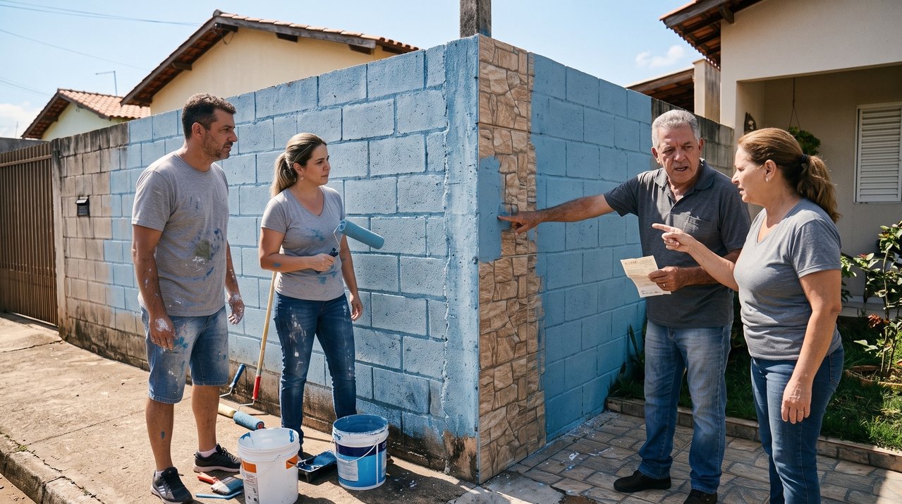 Família pinta lado externo do muro que divide os terrenos sem consultar vizinho, e discussão começa quando nova cor cobre revestimento escolhido e pago pelo outro proprietário