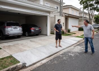 Família rebaixa meio-fio e alarga entrada da garagem para dois carros, mas vizinho afirma que obra eliminou espaço usado para estacionar havia anos e discussão chega ao condomínio de casas