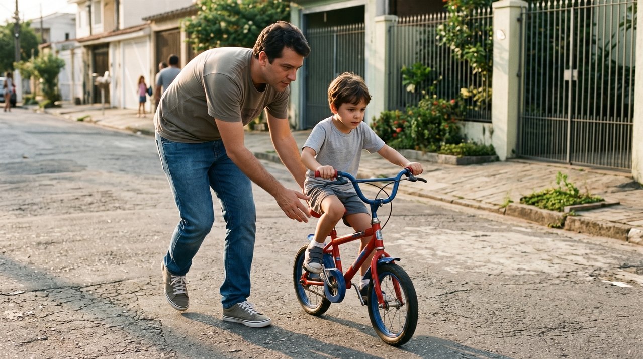 Antes dos anos 2000, muitos pais ensinavam os filhos a andar de bicicleta segurando o banco por alguns metros e depois soltando sem avisar, uma lembrança que abre discussões sobre confiança e independência