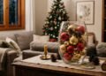 Um vaso de vidro vira uma linda decoração de Natal com enfeites, pinhas e luzes
