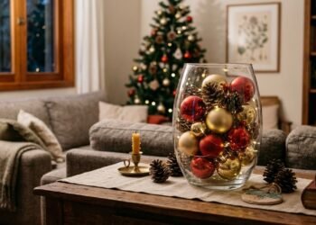 Um vaso de vidro vira uma linda decoração de Natal com enfeites, pinhas e luzes