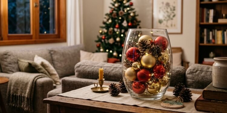 Um vaso de vidro vira uma linda decoração de Natal com enfeites, pinhas e luzes