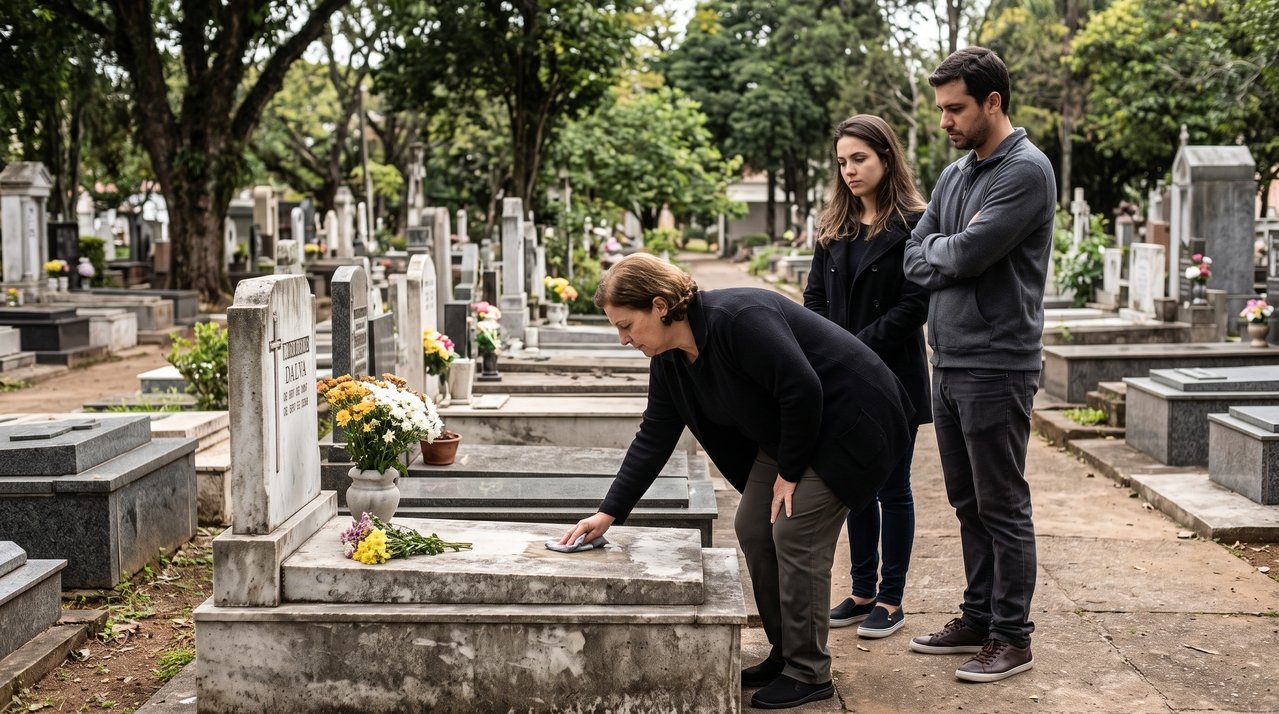 Mulher visita o túmulo do marido no aniversário de dez anos de sua morte e encontra outra identificação no jazigo; a administração do cemitério apresenta documentos que a família afirma nunca ter recebido