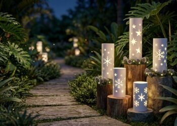 Lanternas feitas com canos de plástico transformam caminhos e jardins e criam uma iluminação diferente no Natal