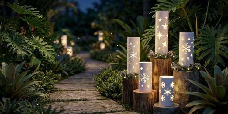 Lanternas feitas com canos de plástico transformam caminhos e jardins e criam uma iluminação diferente no Natal