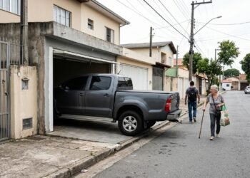 Morador amplia garagem para caber caminhonete e avança quase 1 metro sobre a calçada; problema começa quando pedestres passam a precisar desviar pela rua e prefeitura recebe reclamação
