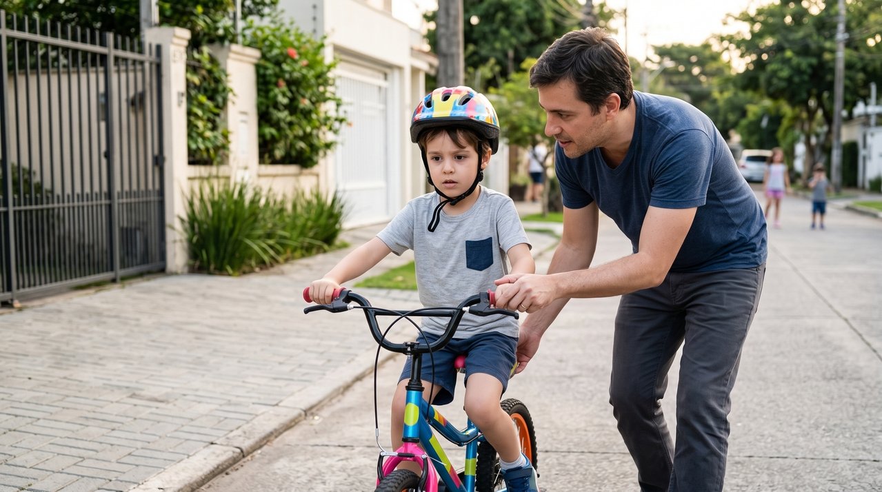 Antes dos anos 2000, muitos pais ensinavam os filhos a andar de bicicleta segurando o banco por alguns metros e depois soltando sem avisar, uma lembrança que abre discussões sobre confiança e independência