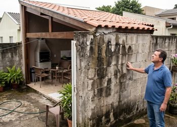 Homem fixa telhado de área gourmet diretamente no muro divisório e conflito começa meses depois, quando infiltração aparece do outro lado após período de chuvas