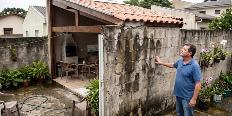 Homem fixa telhado de área gourmet diretamente no muro divisório e conflito começa meses depois, quando infiltração aparece do outro lado após período de chuvas
