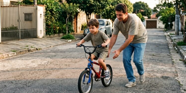 Antes dos anos 2000, muitos pais ensinavam os filhos a andar de bicicleta segurando o banco por alguns metros e depois soltando sem avisar, uma lembrança que abre discussões sobre confiança e independência