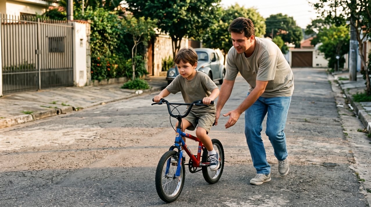 Antes dos anos 2000, muitos pais ensinavam os filhos a andar de bicicleta segurando o banco por alguns metros e depois soltando sem avisar, uma lembrança que abre discussões sobre confiança e independência