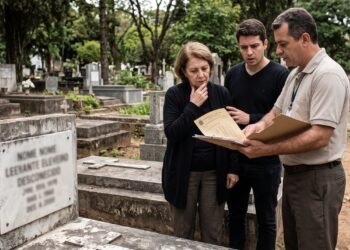 Mulher visita o túmulo do marido no aniversário de dez anos de sua morte e encontra outra identificação no jazigo; a administração do cemitério apresenta documentos que a família afirma nunca ter recebido