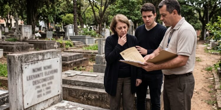 Mulher visita o túmulo do marido no aniversário de dez anos de sua morte e encontra outra identificação no jazigo; a administração do cemitério apresenta documentos que a família afirma nunca ter recebido
