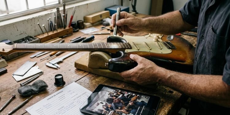 Rafael entregou a guitarra dentro de um estojo rígido e recebeu a informação de que o serviço seria concluído em alguns dias. // Imagem ilustrativa gerada por IA para representar a situação descrita no texto; pessoas, locais e elementos visuais não correspondem necessariamente aos reais