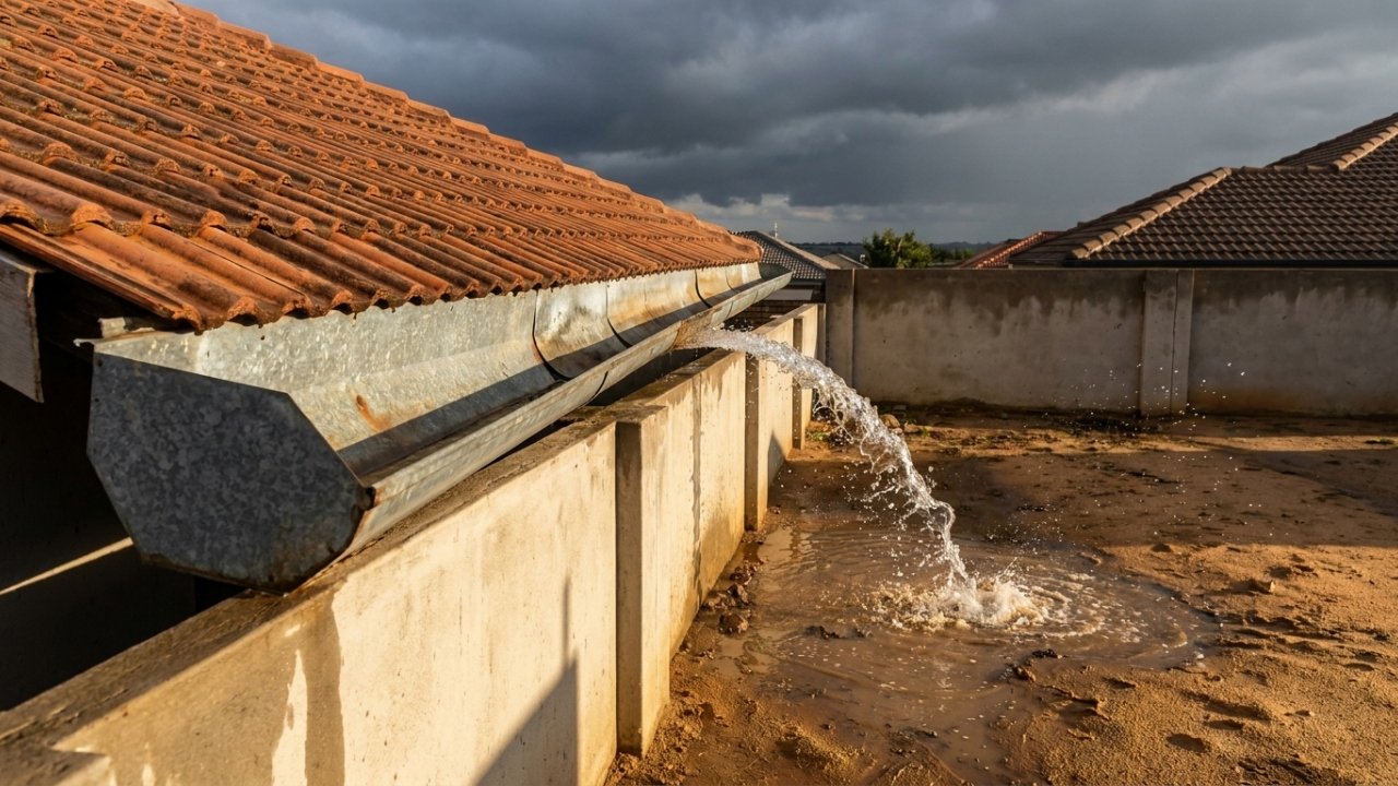 Calha despejando água diretamente no quintal vizinho