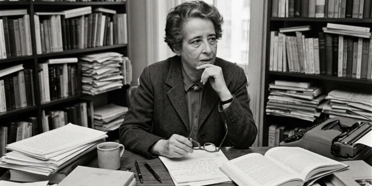 Hannah Arendt nasceu em 1906, na Alemanha, e se tornou uma das principais pensadoras políticas do século XX.  // Imagem ilustrativa gerada por IA para representar a situação descrita no texto; pessoas, locais e elementos visuais não correspondem necessariamente aos reais