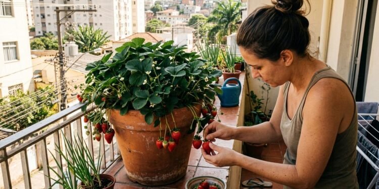 O morangueiro é uma planta de porte baixo, com raízes relativamente superficiais e crescimento que se adapta a recipientes.