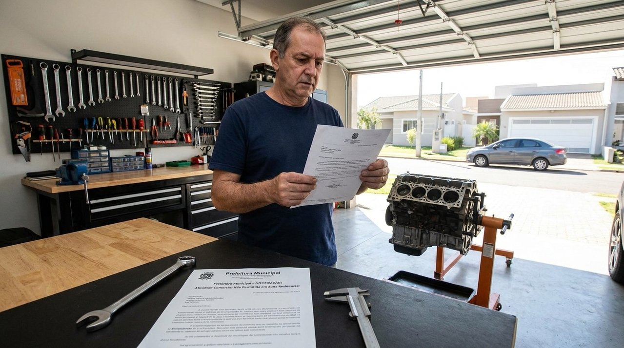 Morador gasta R$ 18 mil para transformar a garagem em uma pequena oficina, mas os vizinhos começam a reclamar do barulho e da entrada constante de veículos; a prefeitura recebe denúncia sobre o funcionamento do negócio em área residencial