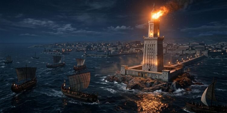 A construção está relacionada ao crescimento de Alexandria, cidade fundada por Alexandre, o Grande, em 331 a.C., às margens do Mar Mediterrâneo.  // Imagem ilustrativa gerada por IA para representar a situação descrita no texto; pessoas, locais e elementos visuais não correspondem necessariamente aos reais