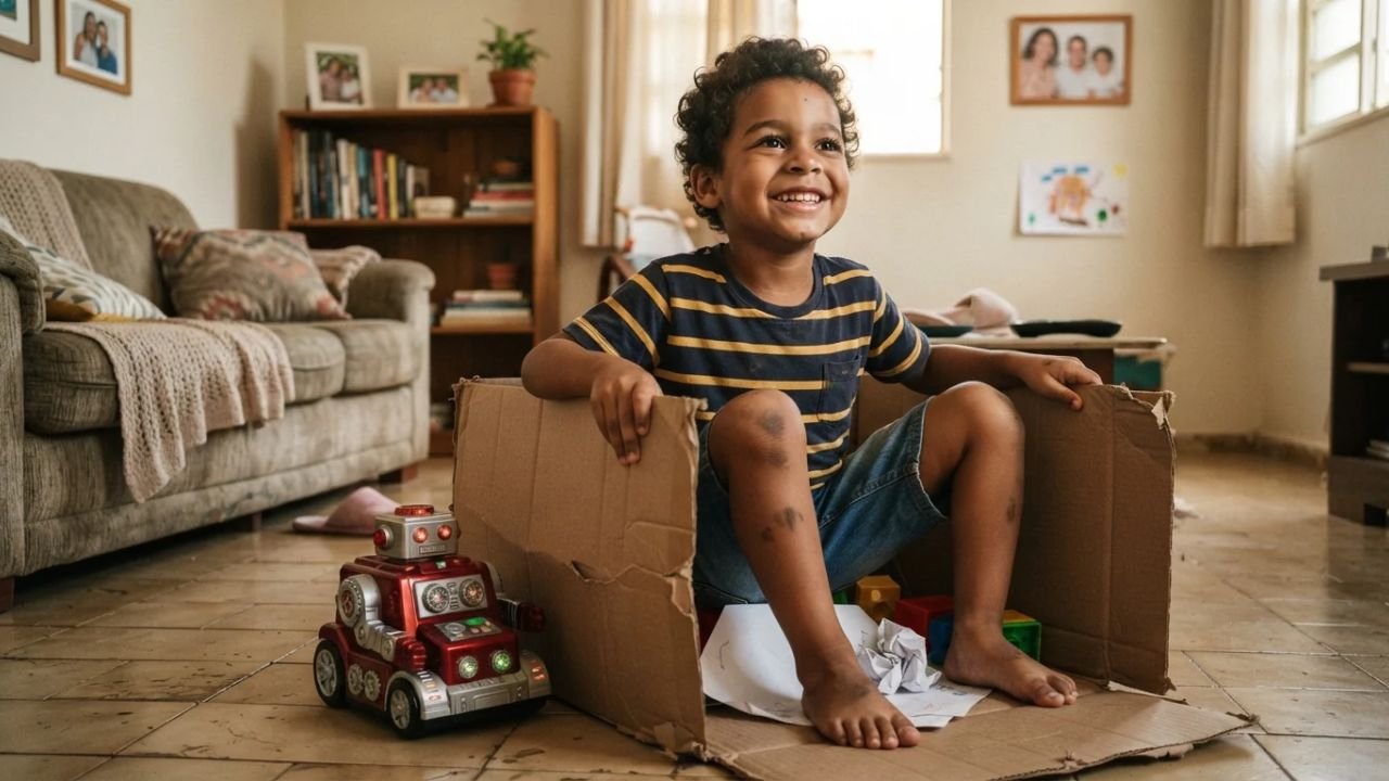 Mãe compra o brinquedo mais caro da loja, observa o filho brincar apenas com a embalagem e transforma a caixa numa cidade que ocupa toda a sala