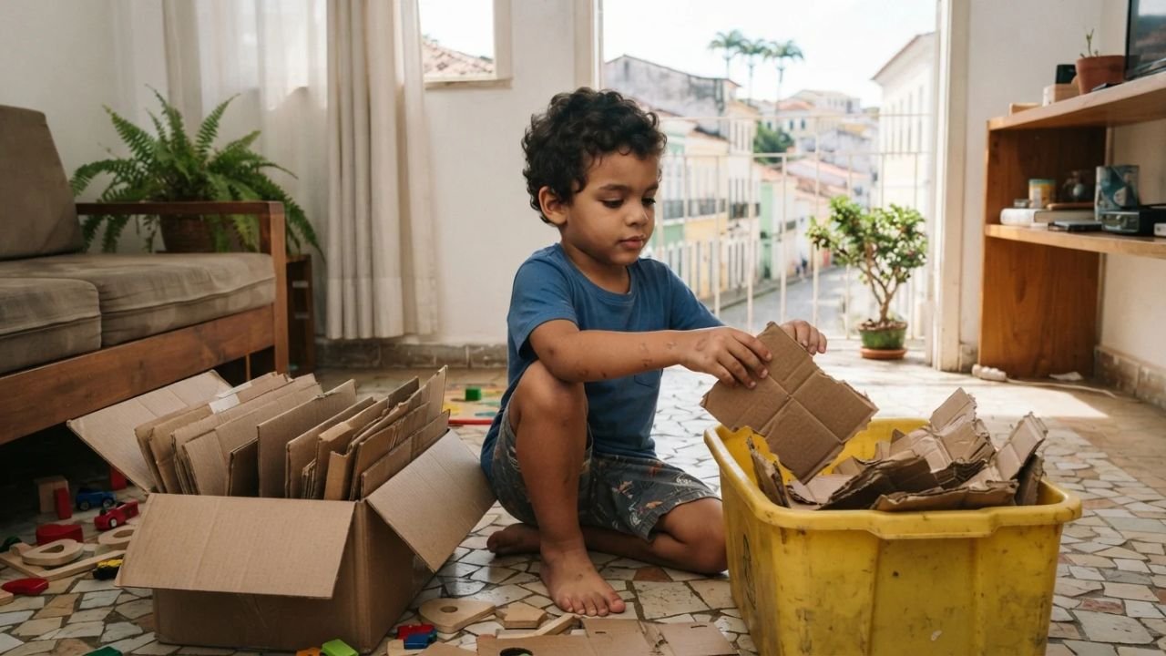 Mãe compra o brinquedo mais caro da loja, observa o filho brincar apenas com a embalagem e transforma a caixa numa cidade que ocupa toda a sala