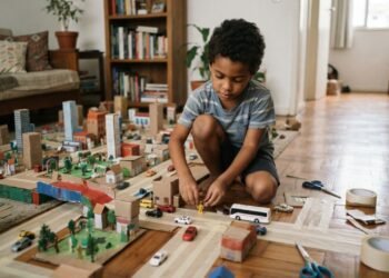 Mãe compra o brinquedo mais caro da loja, observa o filho brincar apenas com a embalagem e transforma a caixa numa cidade que ocupa toda a sala
